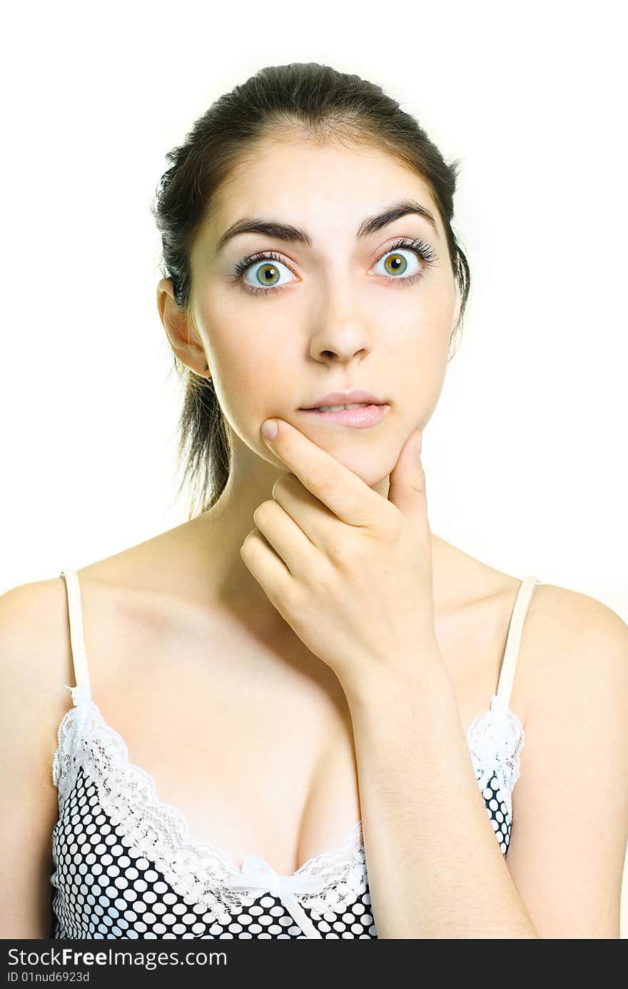 Portrait of a beautiful young surprised woman against white background