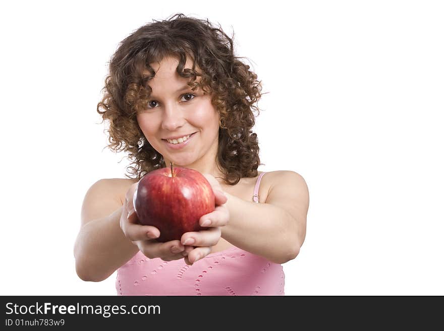 Attractive girl is holding the apple. Woman with apple. Isolated over white. Attractive girl is holding the apple. Woman with apple. Isolated over white.