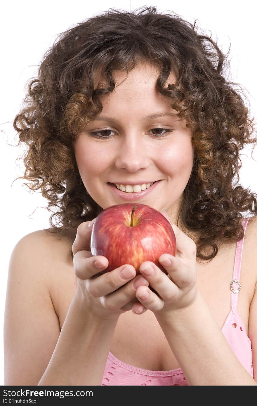 Woman with apple. Attractive girl is holding apple. Isolated over white.