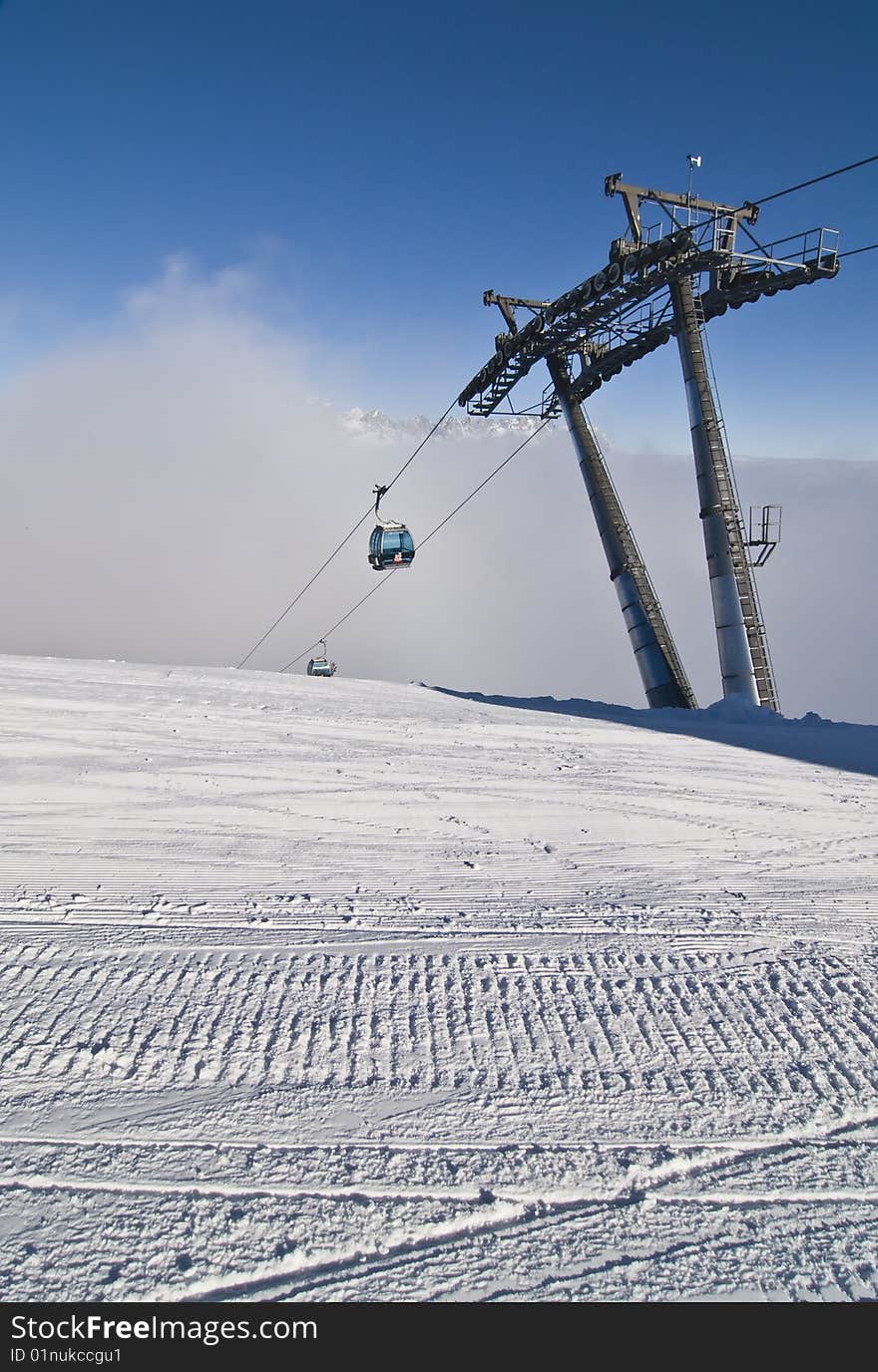 Groomed snow and ski lift