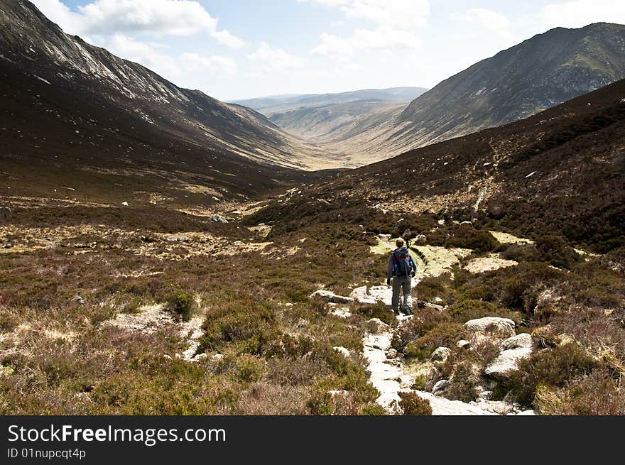 Woman walker with trekking poles on path in the mountains. Woman walker with trekking poles on path in the mountains