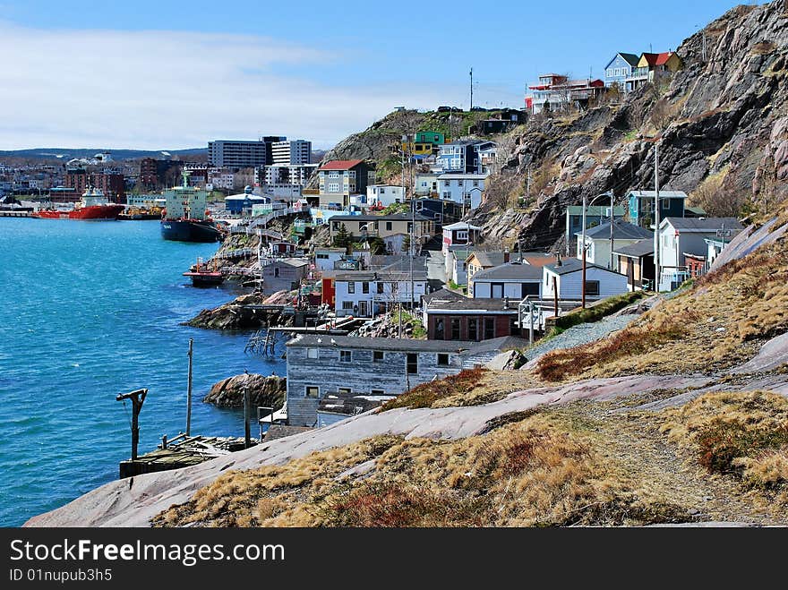 Coastal village on rocky shore