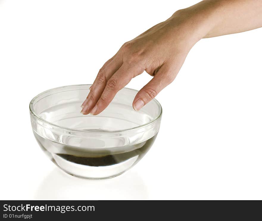 Woman's hand bag with water and isolated on a white background. Woman's hand bag with water and isolated on a white background