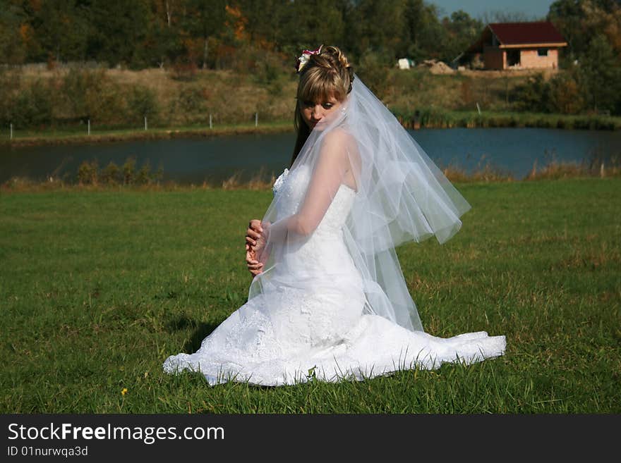 Beautiful Bride Sitting On A Meadow