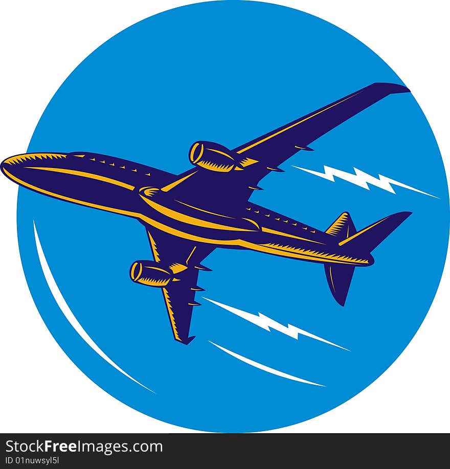 Vector illustration of an airplane taking off viewed from a low angle. Vector illustration of an airplane taking off viewed from a low angle.