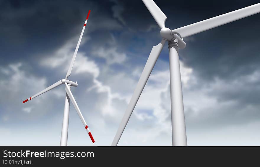 Wind turbine in a windfarm. Wind turbine in a windfarm