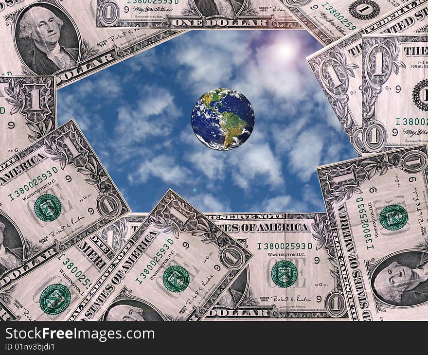 Group of paper money and globe in the middle on beautiful bright sky and sparkling on the sky. Group of paper money and globe in the middle on beautiful bright sky and sparkling on the sky