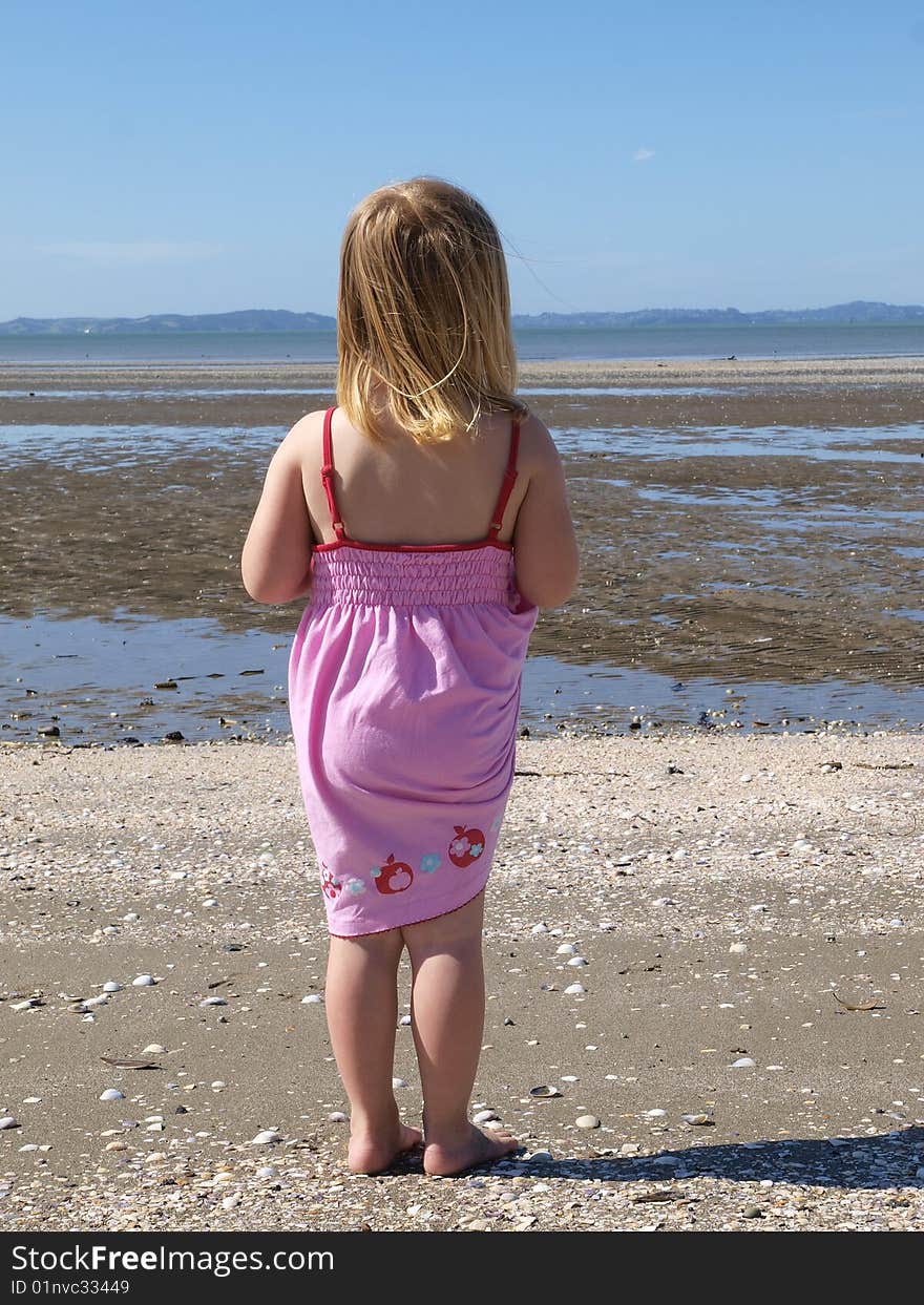 A little girl staring out to sea. A little girl staring out to sea