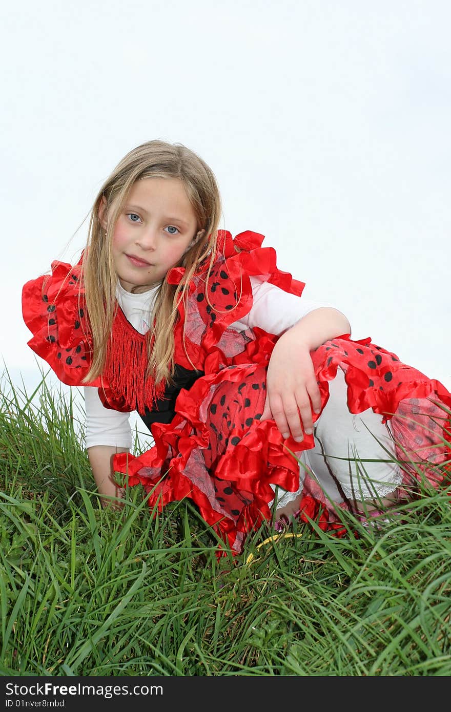 Small girl in red dress posing on the grass. Small girl in red dress posing on the grass