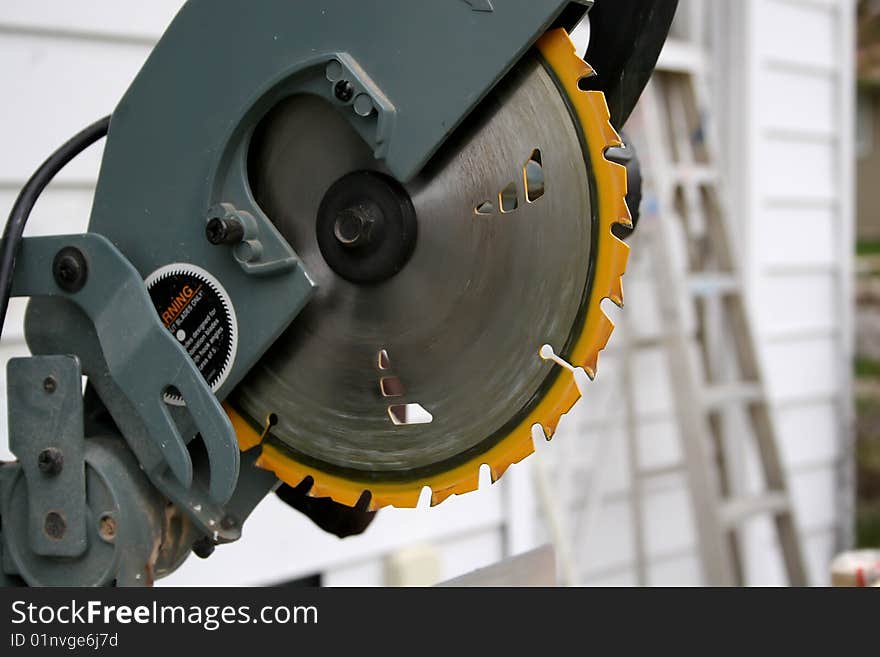 A miter saw at a construction site