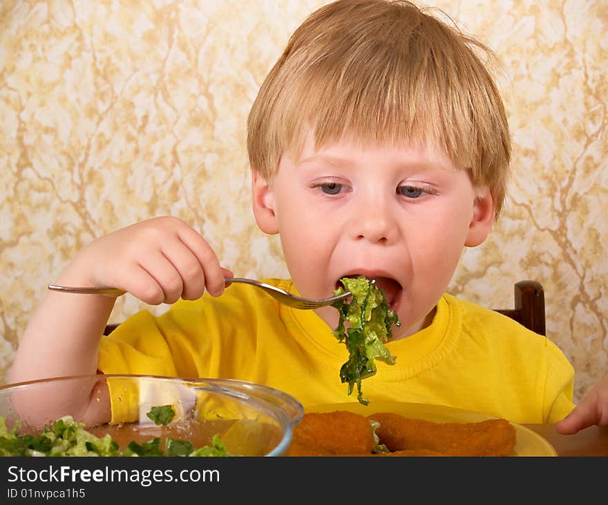 The little boy eats fresh salad. The little boy eats fresh salad