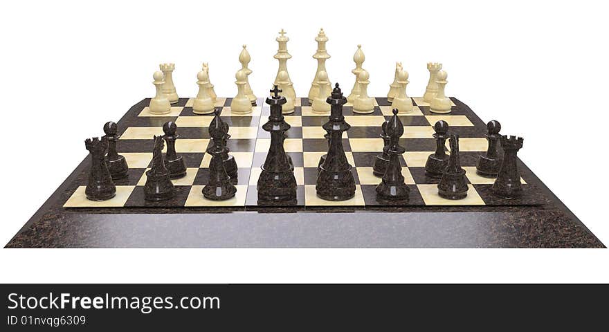 Isolated chess board with white and black figures, stone and marble