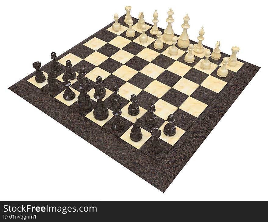 Isolated chess board with white and black figures, stone and marble