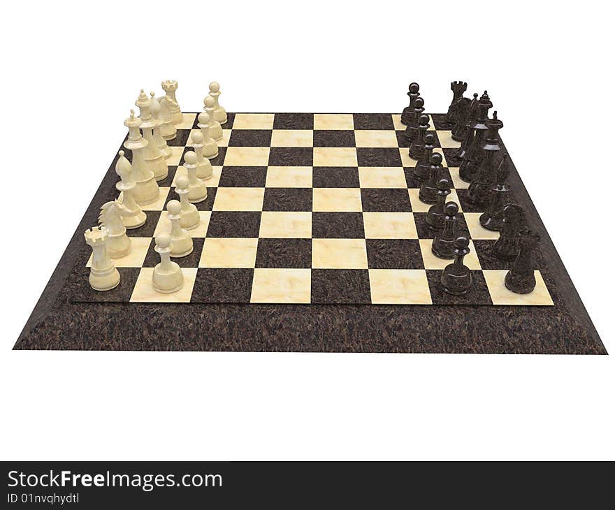 Isolated chess board with white and black figures, stone and marble