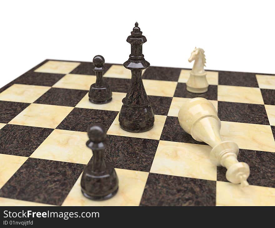 Isolated chess board with white and black figures, stone and marble