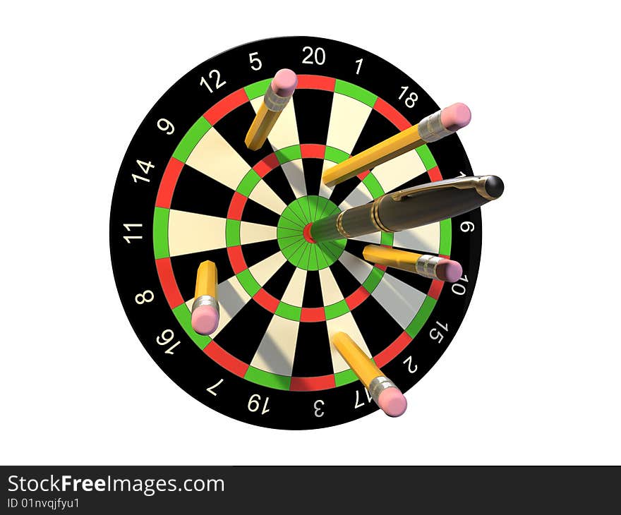 Isolated darts concept, darts board with pencials as javelin