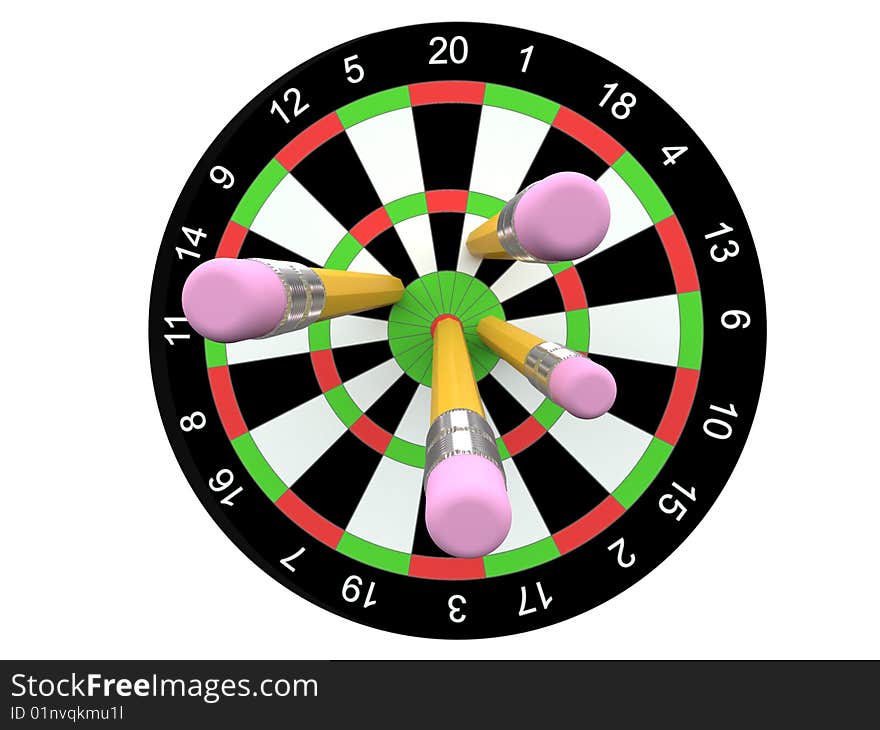 Isolated darts concept, darts board with pencials as javelin