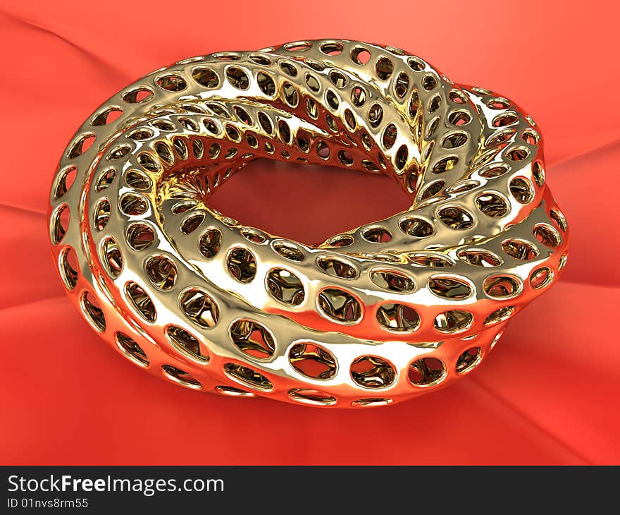 Isolated golden fractal ring on red velvet background. Isolated golden fractal ring on red velvet background