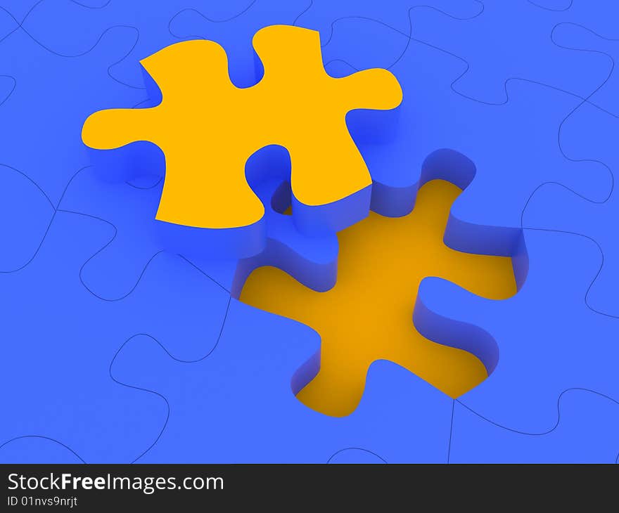 Yellow piece puzzle on blue puzzle background. Yellow piece puzzle on blue puzzle background