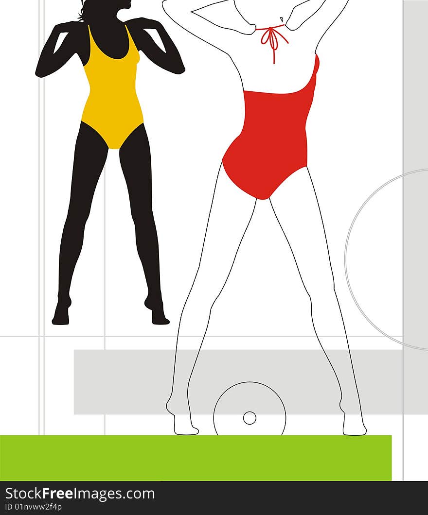 Silhouettes of girls on a white background. On them bright bathing suits are dressed. Girls are engaged in fitness. Silhouettes of girls on a white background. On them bright bathing suits are dressed. Girls are engaged in fitness.