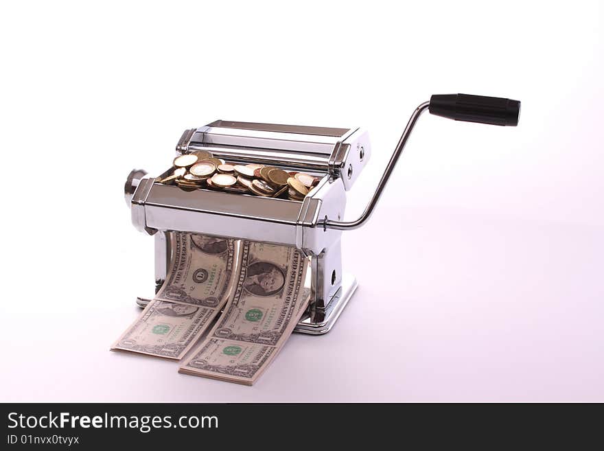 Pasta machine converts Eurro coins into dollar banknotes against a white background with copy-space. Pasta machine converts Eurro coins into dollar banknotes against a white background with copy-space