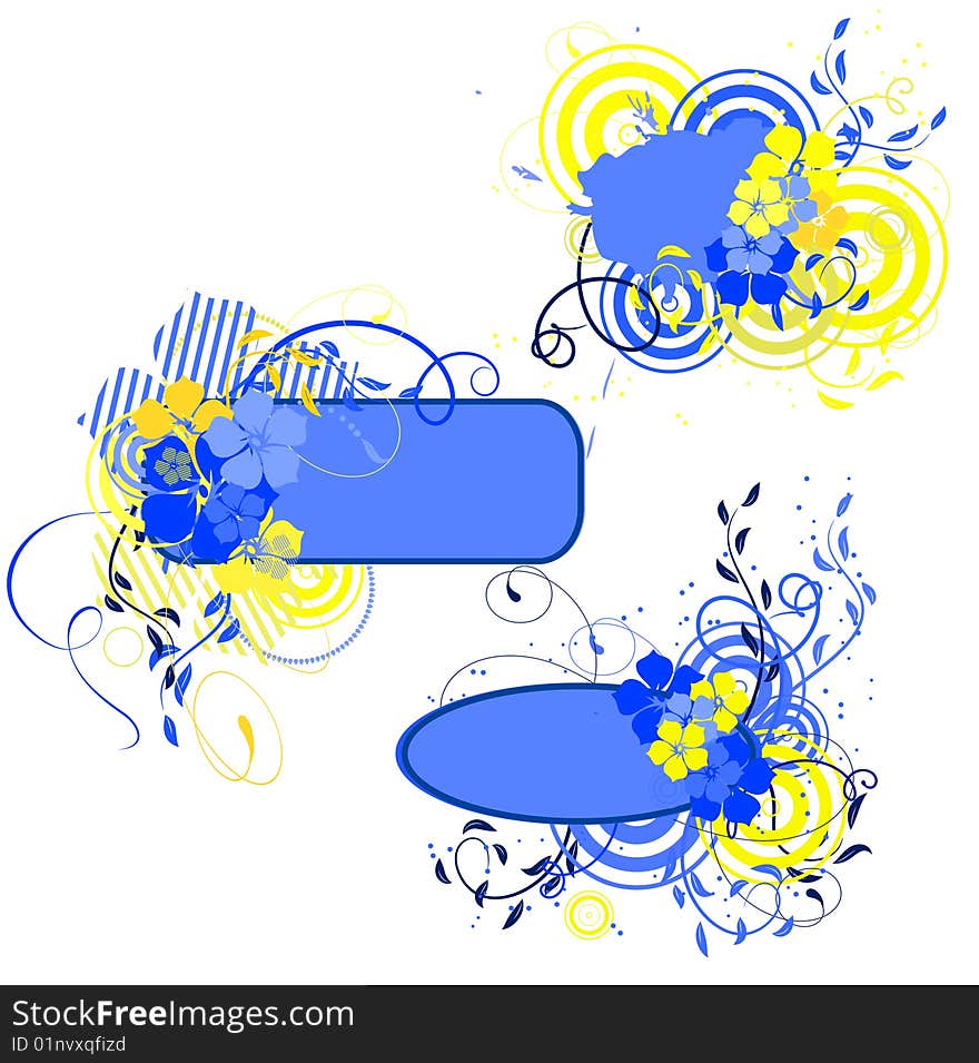 Blue and yellow banner with flowers