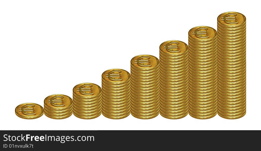 Isolated columns of golden euro coins. Isolated columns of golden euro coins