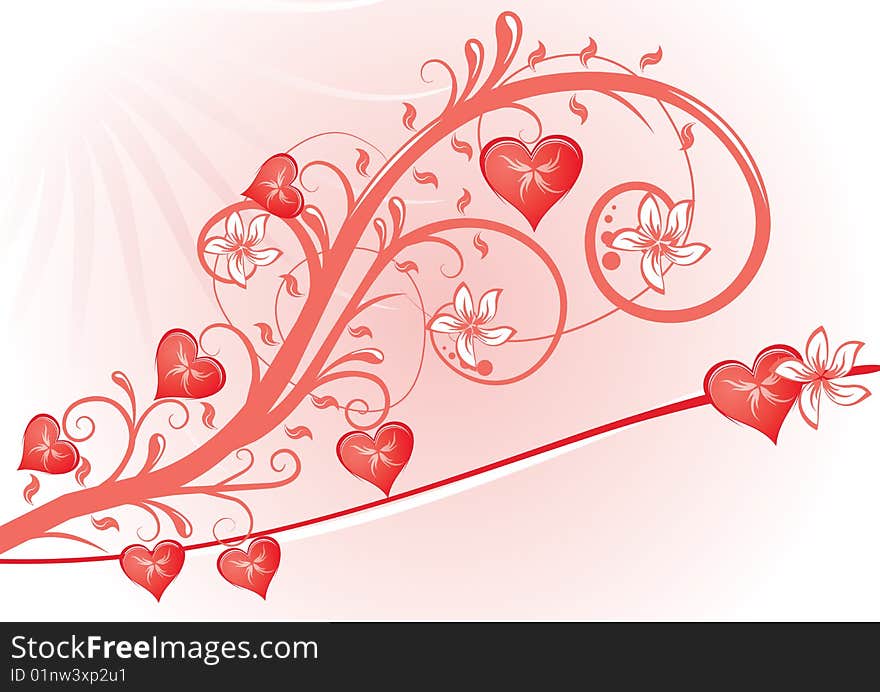 Red floral background with hearts. Red floral background with hearts