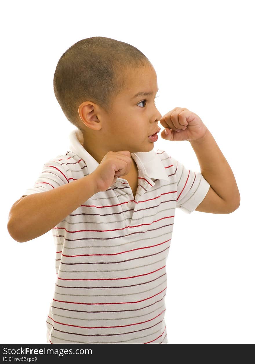 Young handsome thai-english boy posing as a boxer, isolated on white