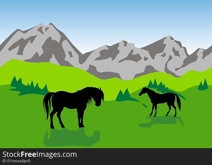 Mountainous landscape with green fields and horses