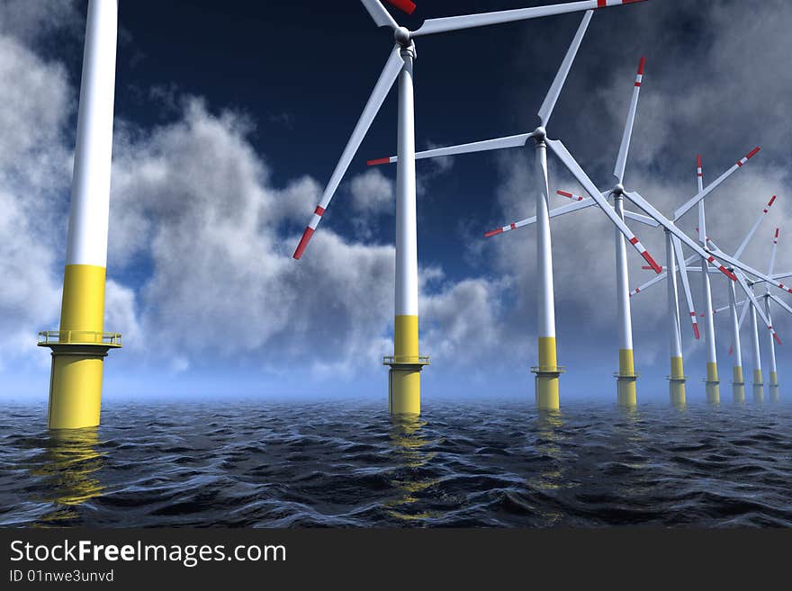 Wind turbines farm on the sea