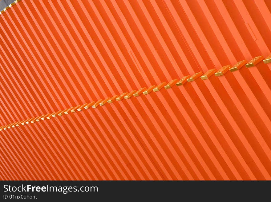 Repeating orange sections of a roof of a Japanese temple