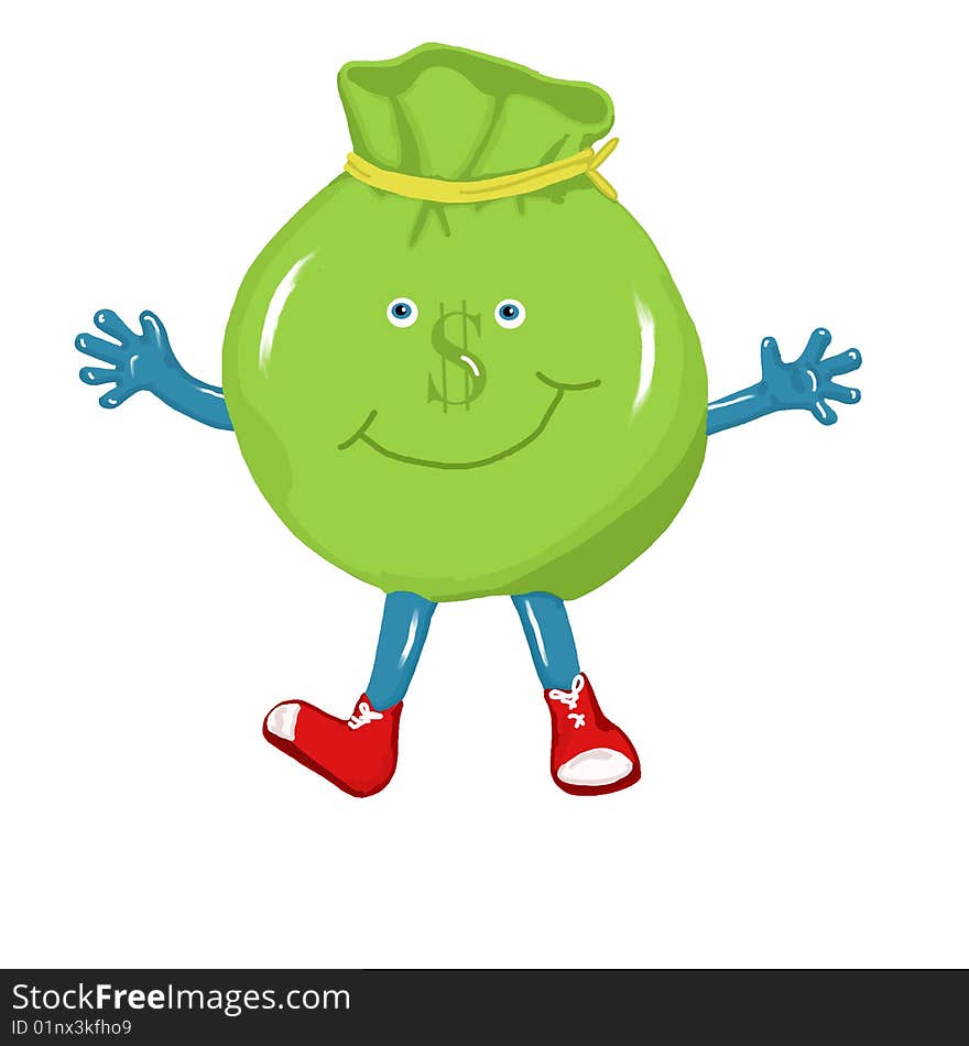 Cartoon illustration of a green money bag character