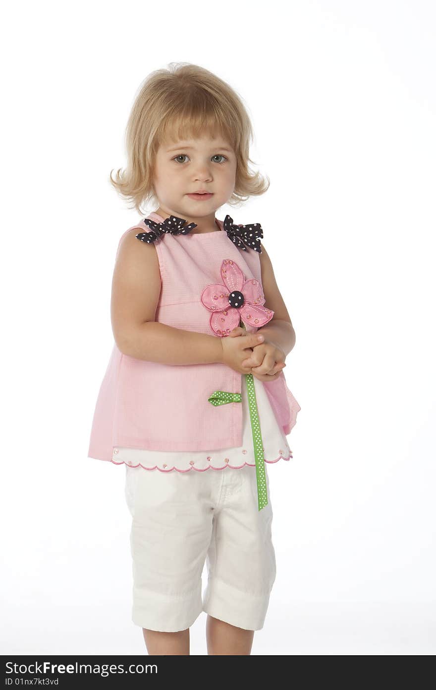 Little girl in pink top with white background