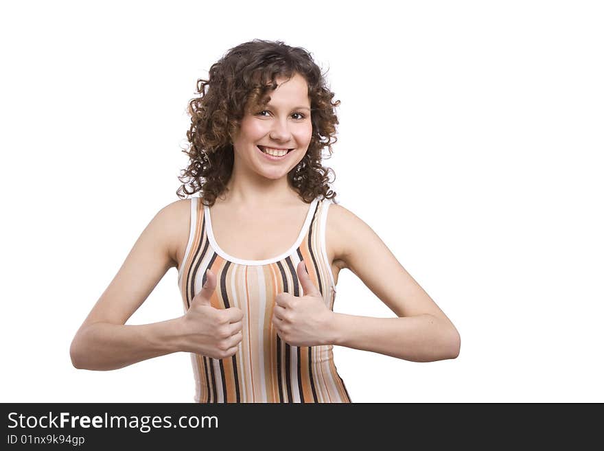 Girl showing thumbs up on white background.  Woman looking into the camera while giving an ok gesture with her forward hand. Happiness woman shows OK.  Isolated over white background. Girl showing thumbs up on white background.  Woman looking into the camera while giving an ok gesture with her forward hand. Happiness woman shows OK.  Isolated over white background.