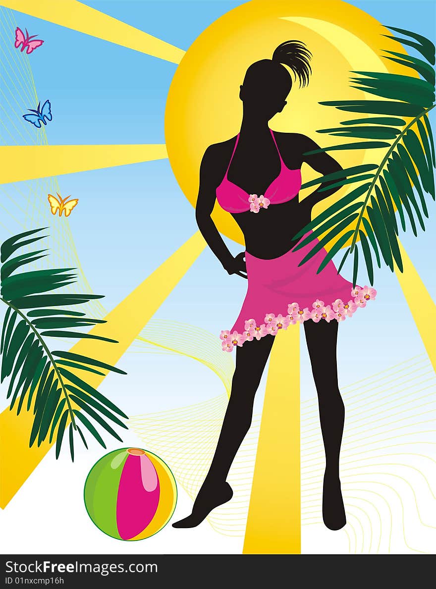 Girl with ball on a background of sun. Summer composition. Vector illustration. Girl with ball on a background of sun. Summer composition. Vector illustration