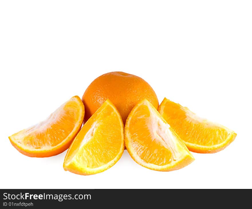 Orange with four segments on a white background. Orange with four segments on a white background