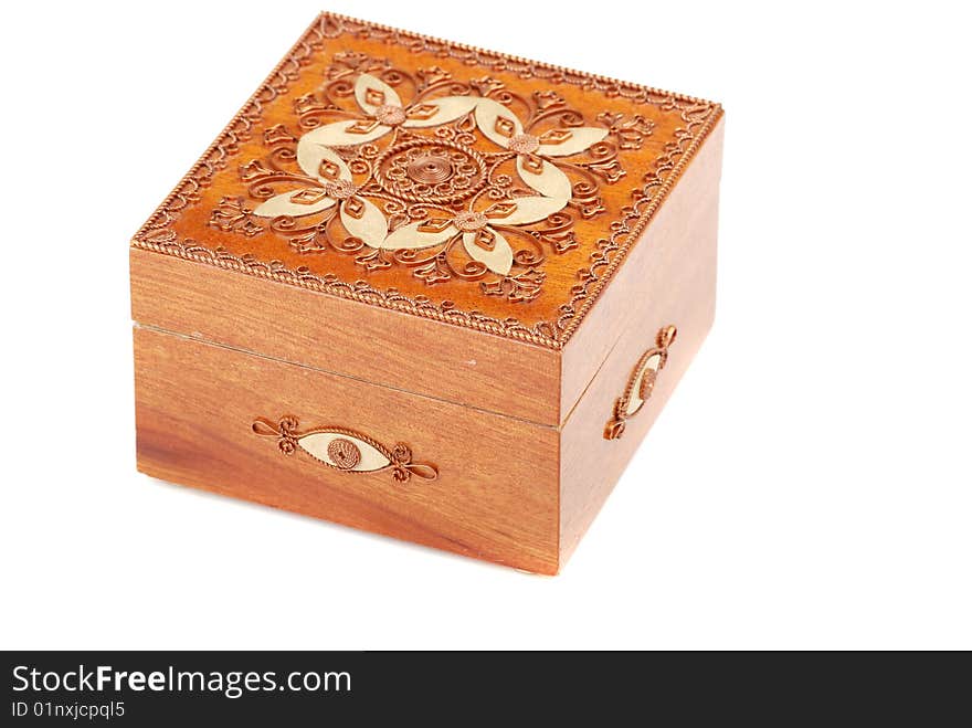 Red Wooden casket with a pattern from a copper wire.