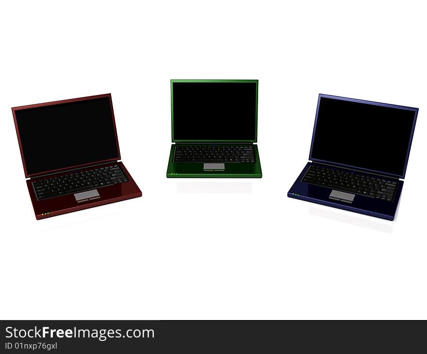 3D Rendering of 3 metallic coloured laptops. 3D Rendering of 3 metallic coloured laptops