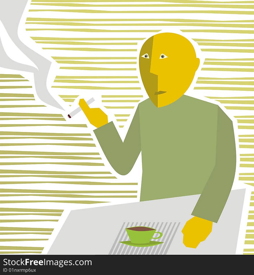 The man drinks coffee and smokes. Color vector illustration. Cartoon. The man drinks coffee and smokes. Color vector illustration. Cartoon.