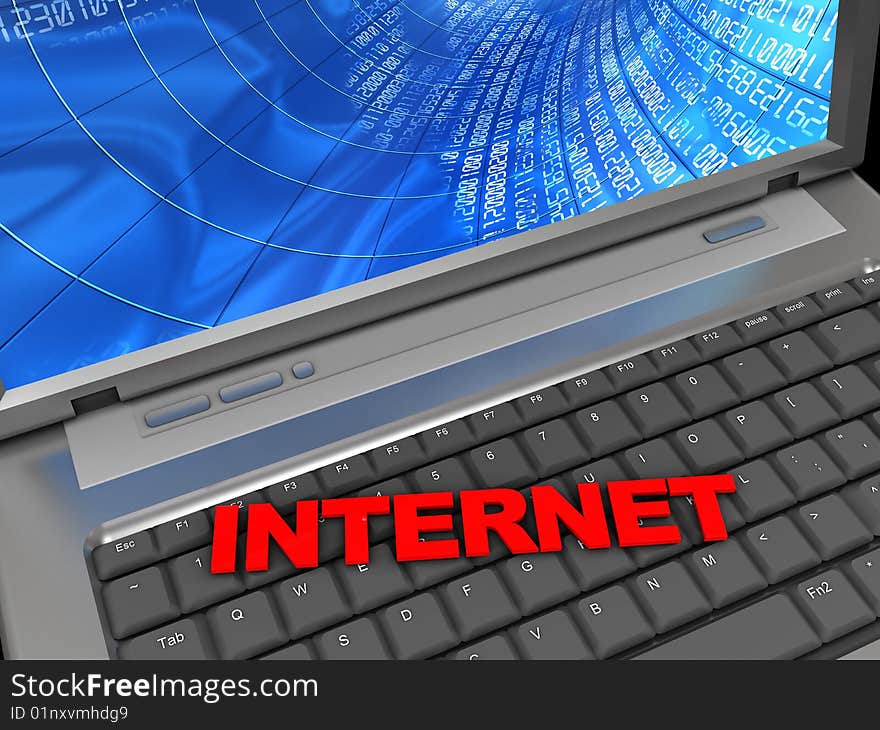 3d illustration of text 'internet' over laptop keyboard