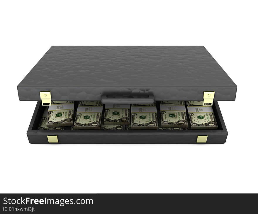 3d illustration of black suitcase with money, over white background. 3d illustration of black suitcase with money, over white background