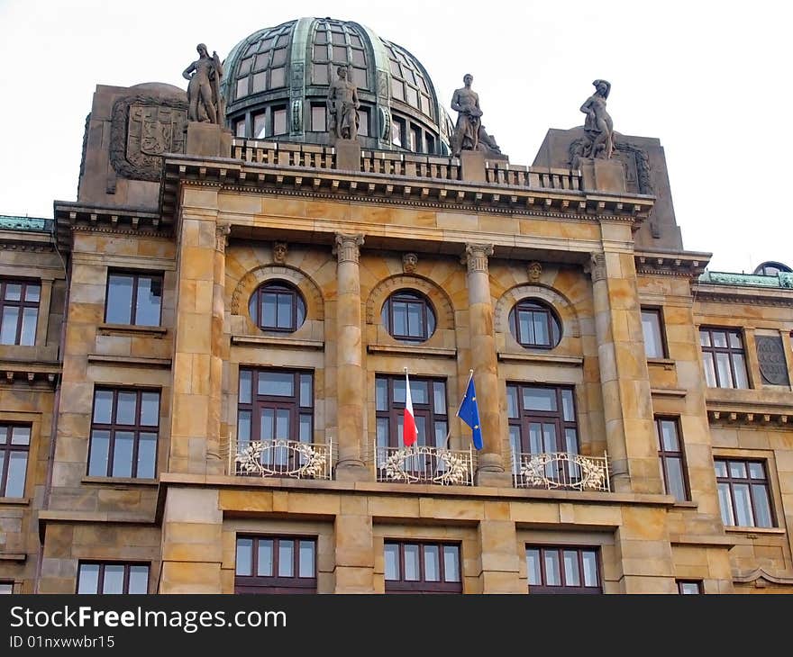 Detail of a Prague house with Czech national flag and European Union flag. Detail of a Prague house with Czech national flag and European Union flag