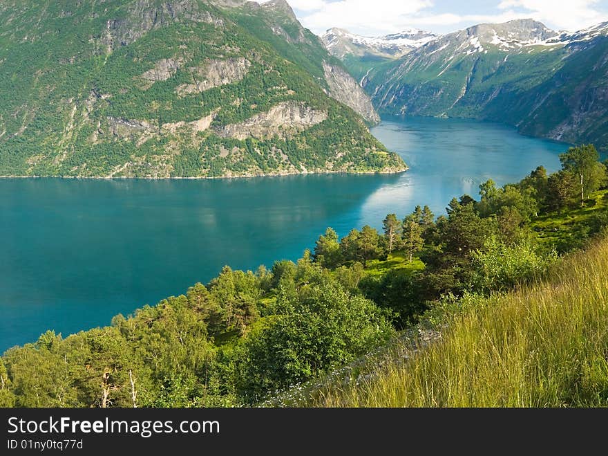 Beautiful summer fjord in Norway seen from a high viewpoint. Beautiful summer fjord in Norway seen from a high viewpoint