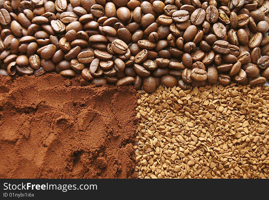 Coffee close up in grains, soluble