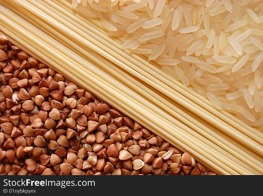 Background from  spaghetti, rice and  buckwheat