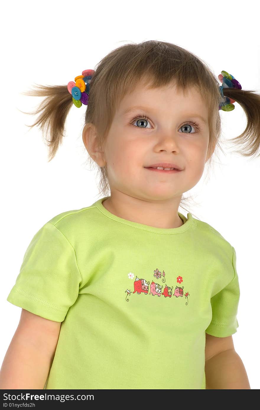 Cute little girl on a white background close-up