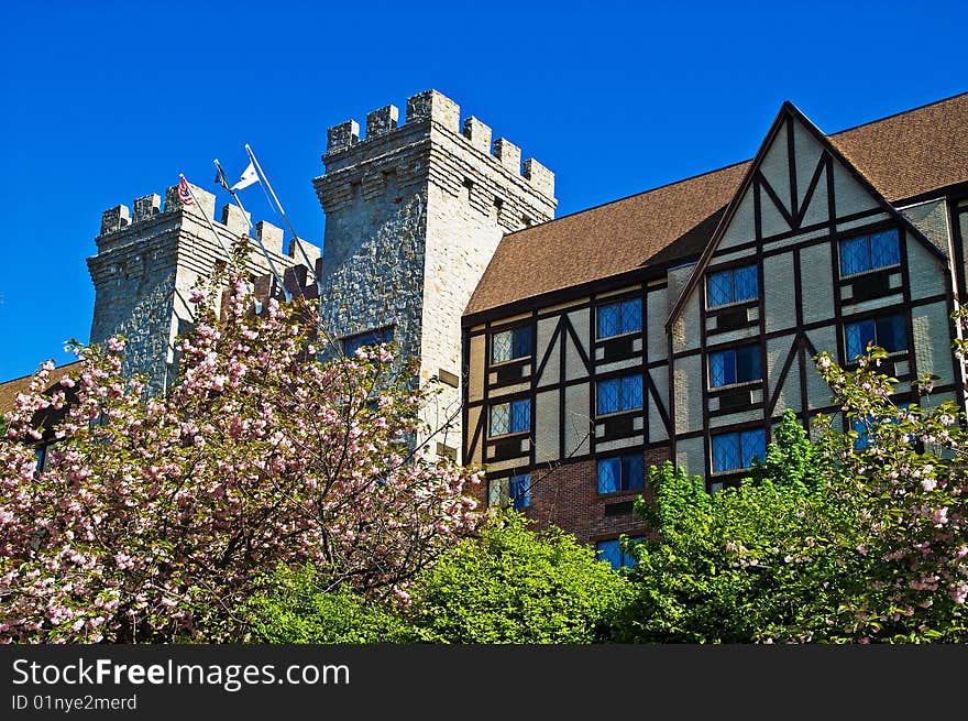 A Tudor Manor house in a Spring scene. A Tudor Manor house in a Spring scene