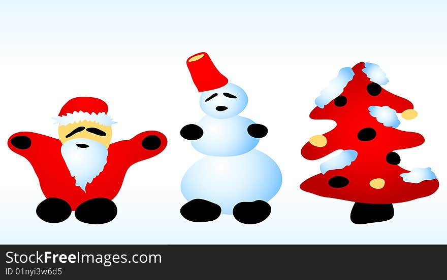 Santa claus, snowman, christmas tree in red. Santa claus, snowman, christmas tree in red