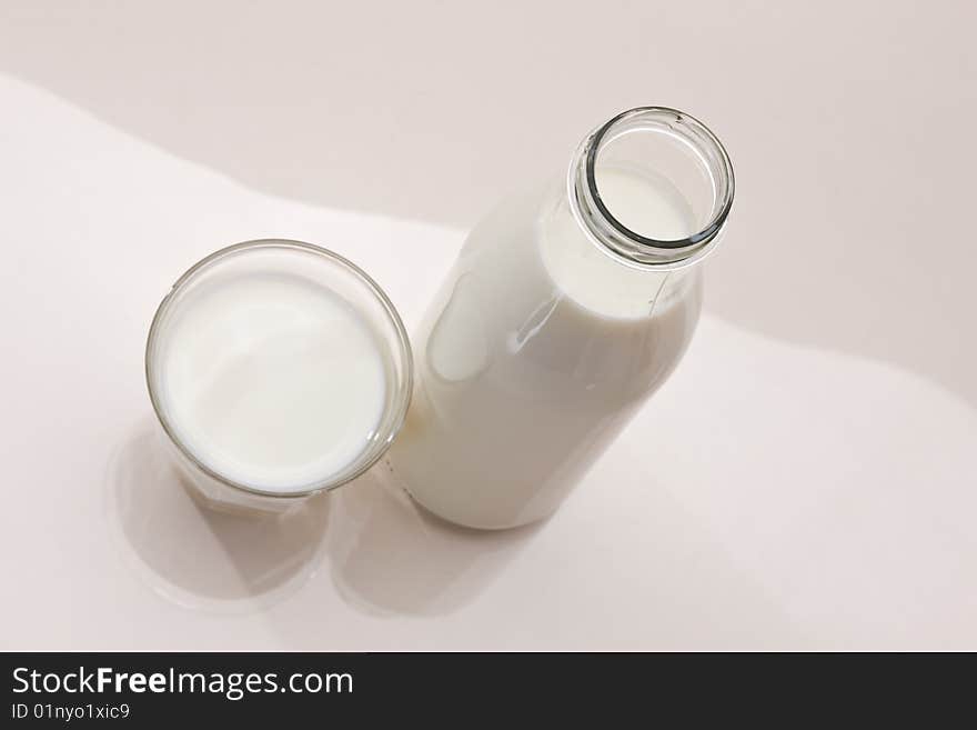 Food series: bottle and glass full of milk